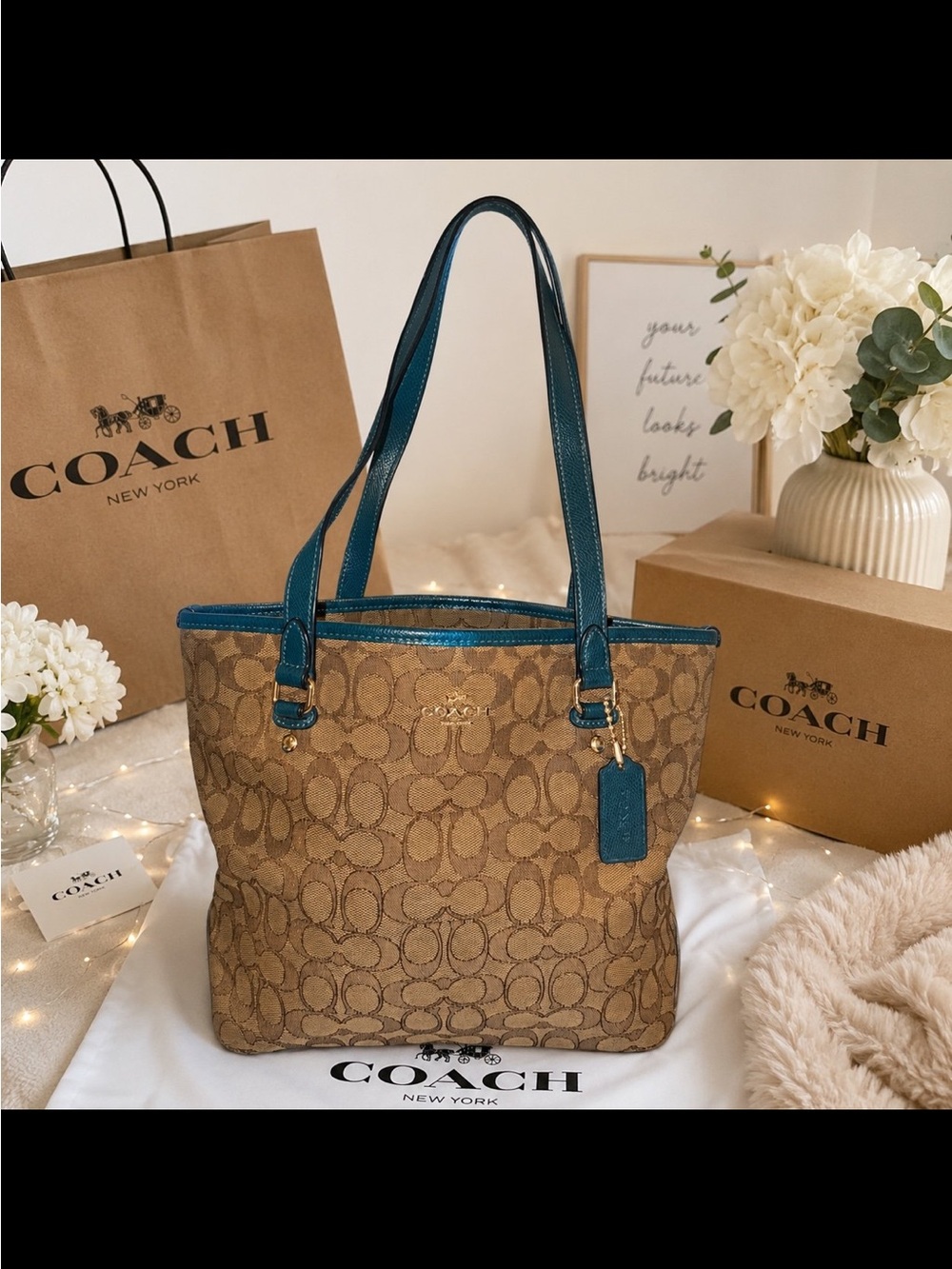 Coach Signature Tote Teal Blue Leather Trim Zip Top Bag Excellent Condition
